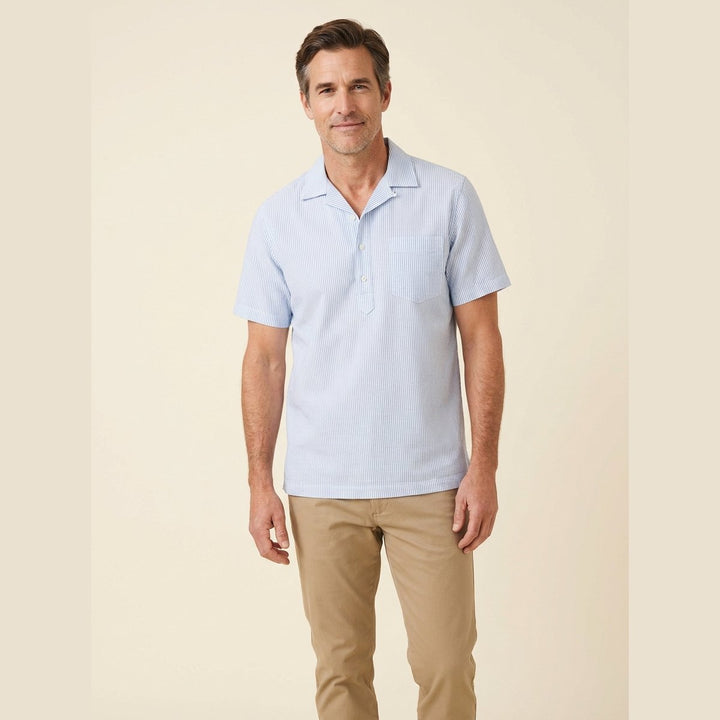 Yarrow men's blue pinstripe short sleeve camp collar shirt front