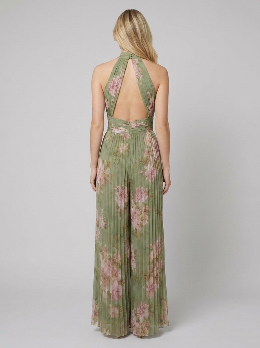 Zara olive floral pleated jumpsuit back