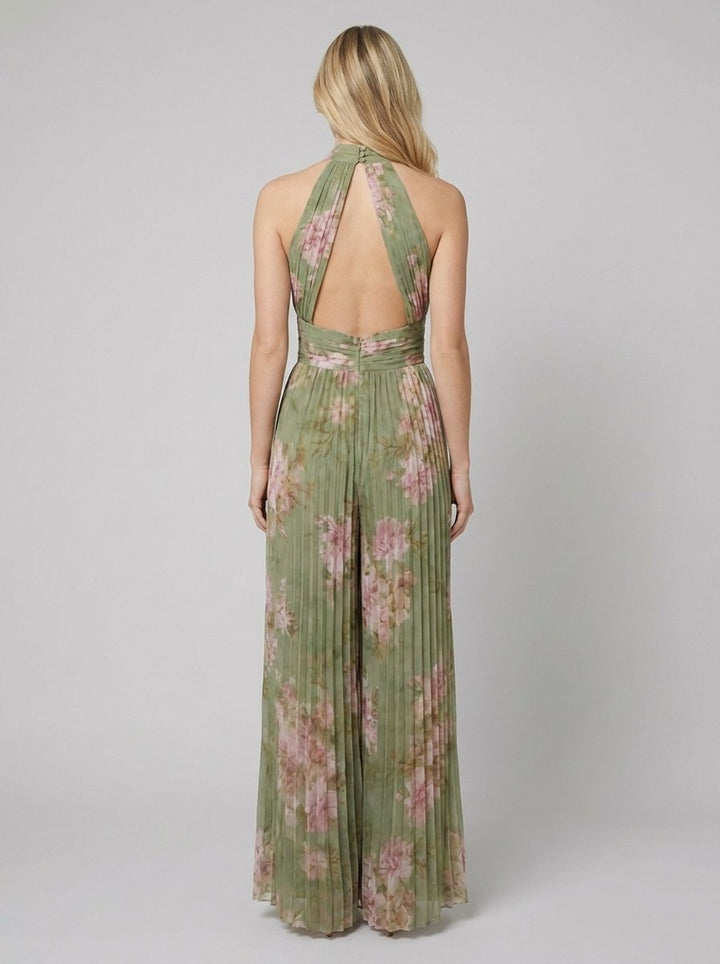 Zara olive floral pleated jumpsuit back