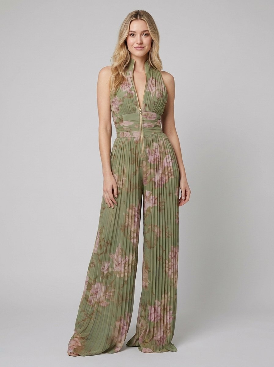 Zara olive floral pleated jumpsuit front