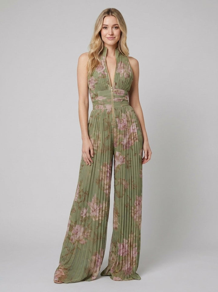 Zara olive floral pleated jumpsuit front