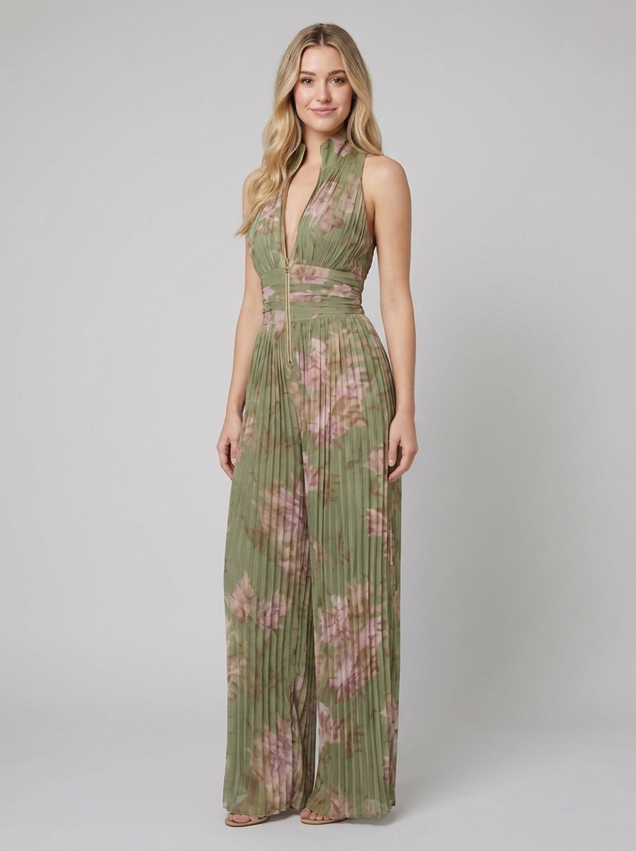 Zara olive floral pleated jumpsuit pose