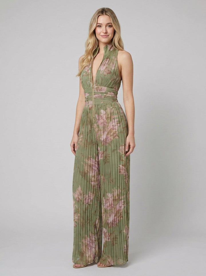 Zara olive floral pleated jumpsuit pose