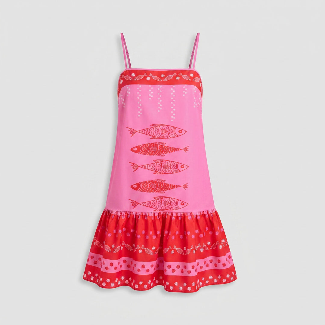 Zaria Bloom Dress hot pink fish print flat lay