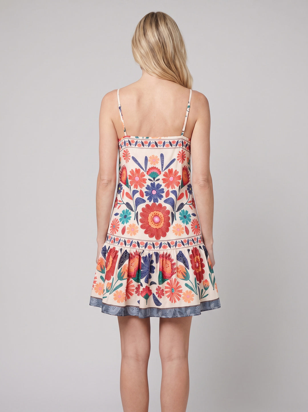 Zaria Bloom Dress orange folk-floral back on model
