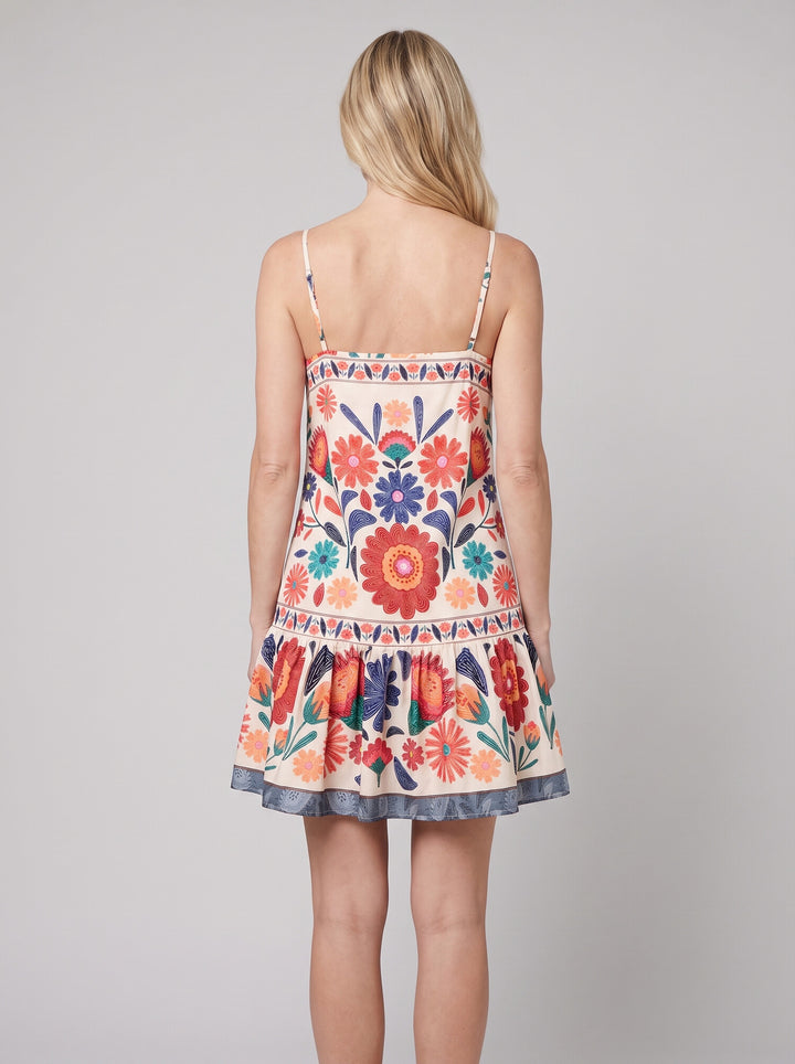 Zaria Bloom Dress orange folk-floral back on model