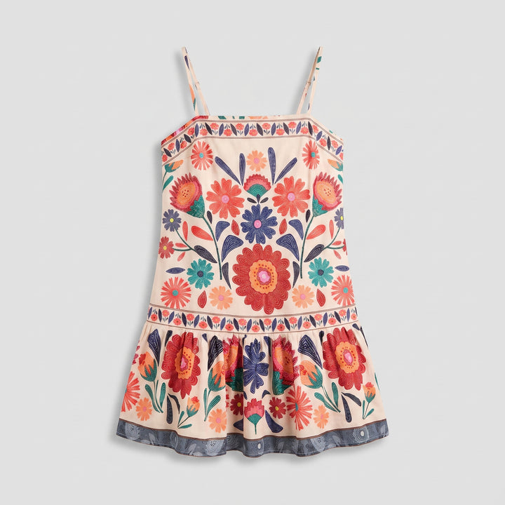 Zaria Bloom Dress orange folk-floral flat lay