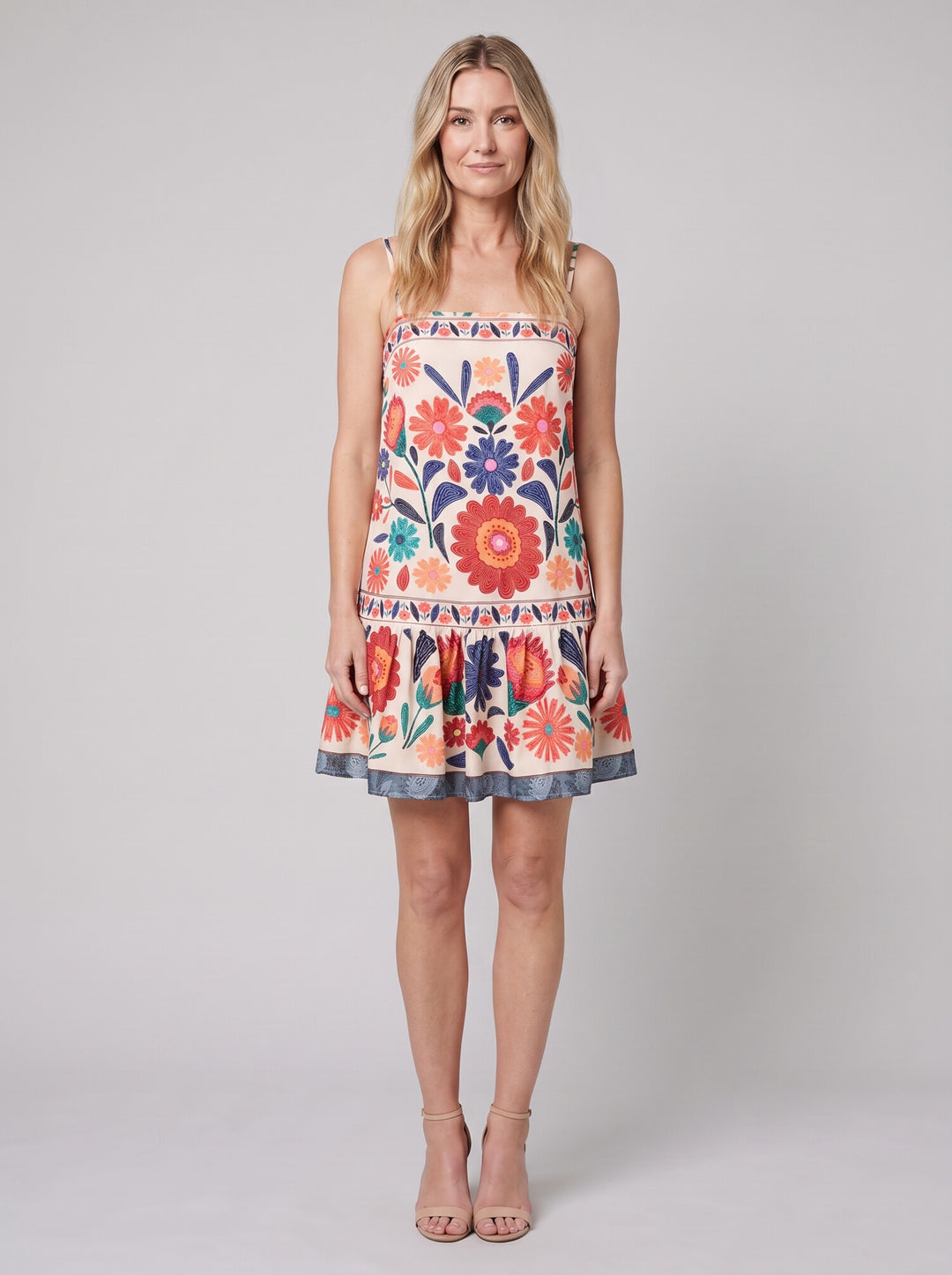 Zaria Bloom Dress orange folk-floral front on model