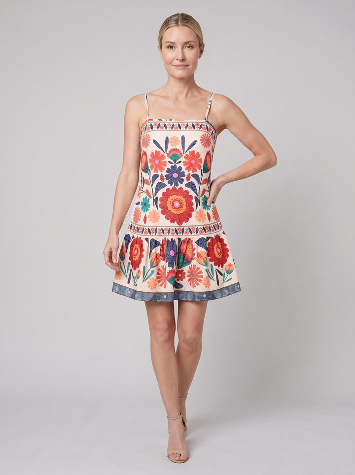 Zaria Bloom Dress orange folk-floral front pose on model