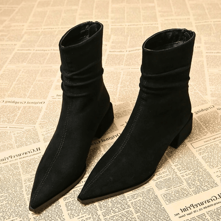 Women's Pointed Toe Ankle Boots, Suede-Touch, Block Heel, Cognac or Black