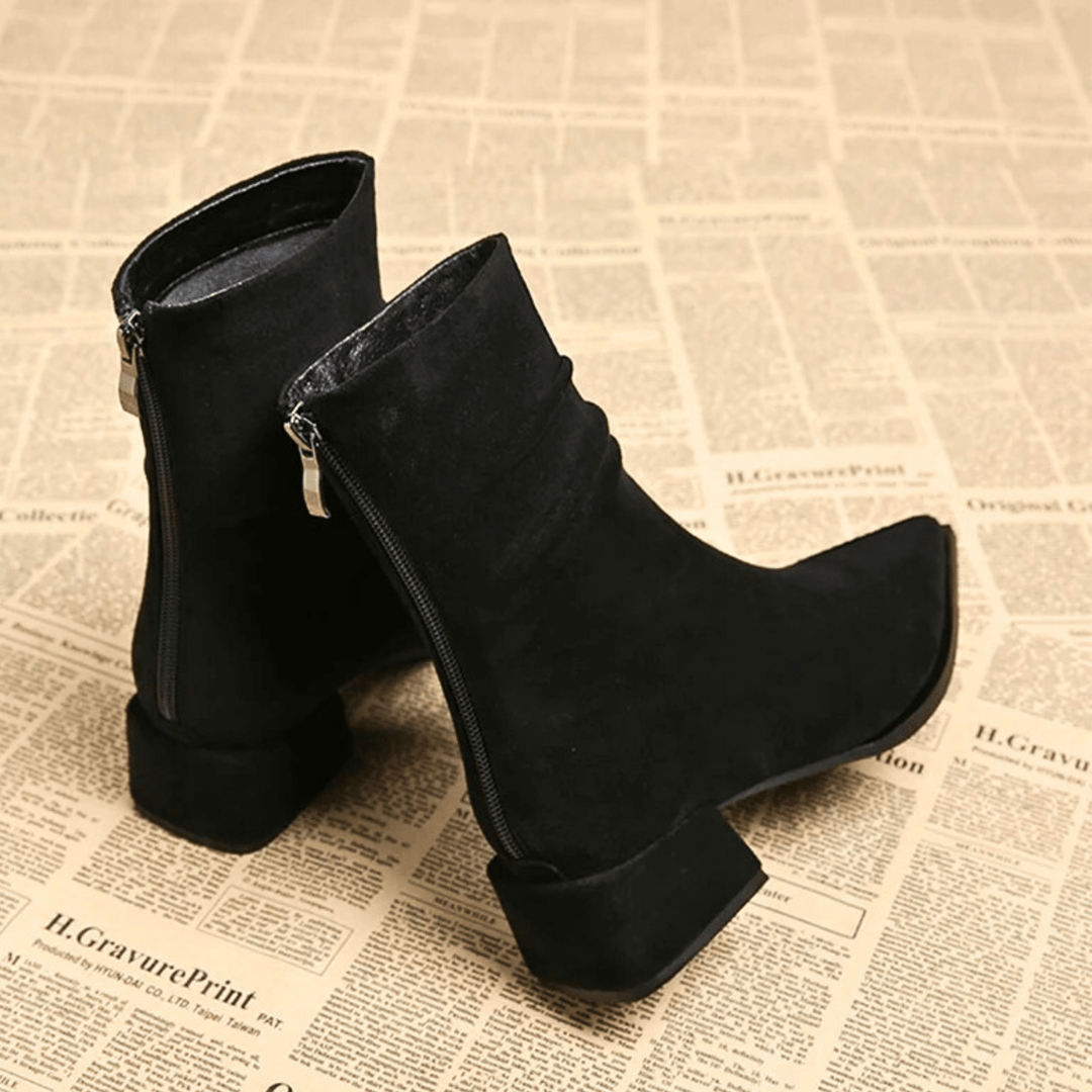 Women's Pointed Toe Ankle Boots, Suede-Touch, Block Heel, Cognac or Black