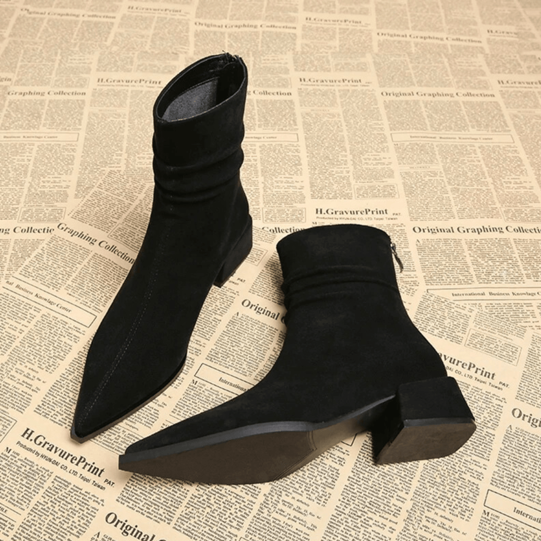 Women's Pointed Toe Ankle Boots, Suede-Touch, Block Heel, Cognac or Black