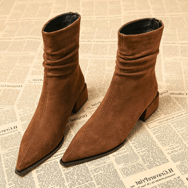 Women's Pointed Toe Ankle Boots, Suede-Touch, Block Heel, Cognac or Black