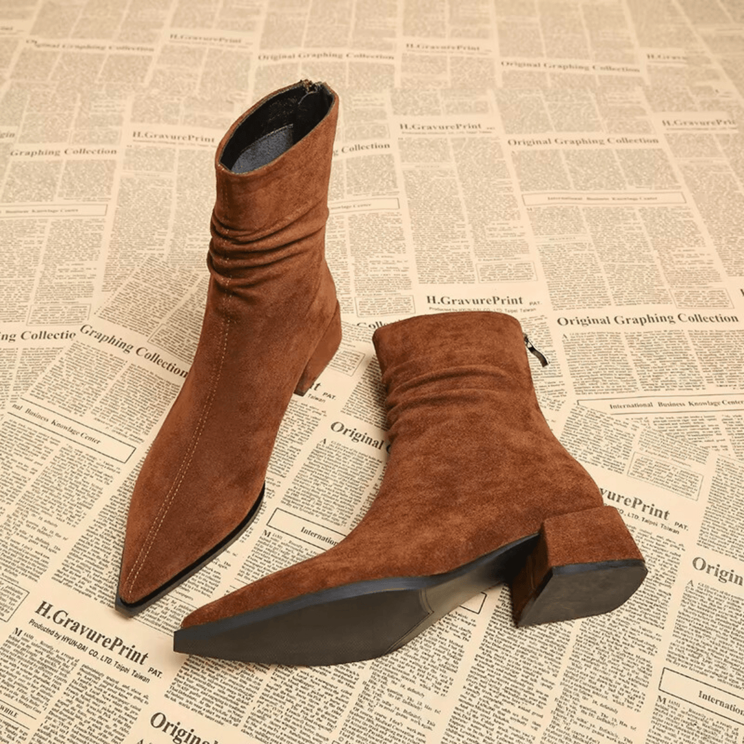 Women's Pointed Toe Ankle Boots, Suede-Touch, Block Heel, Cognac or Black