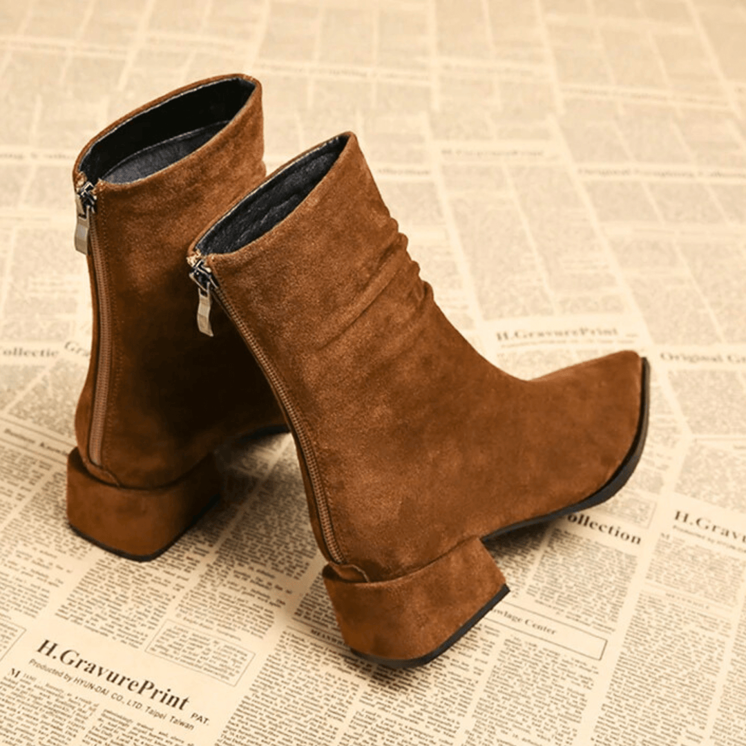 Women's Pointed Toe Ankle Boots, Suede-Touch, Block Heel, Cognac or Black